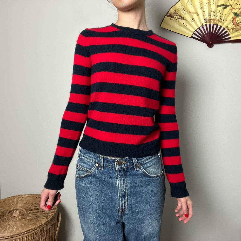 jumper cashmere navy blue red striped cashmere crewneck sweater